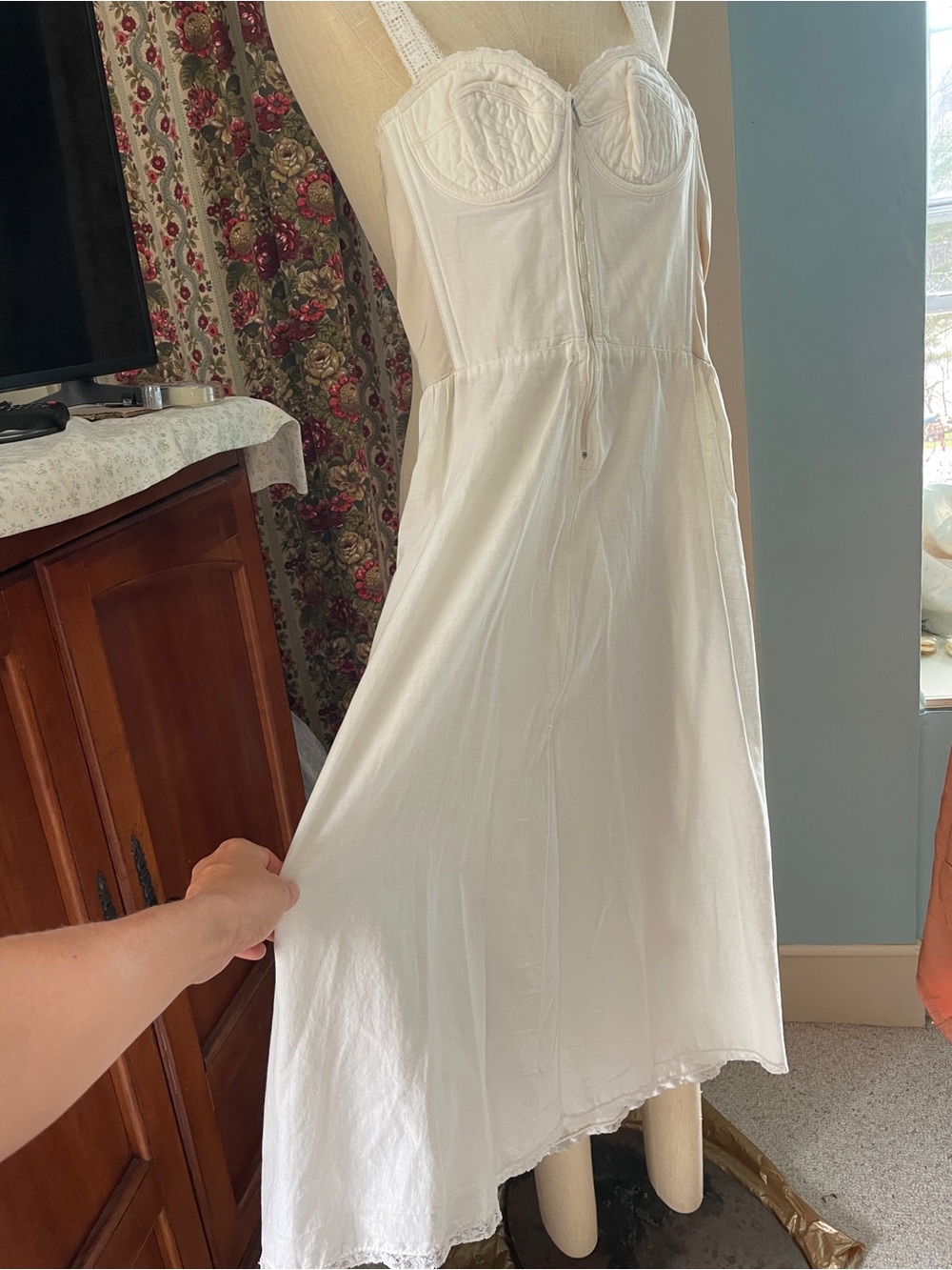 Vintage 1950s Corset Slip Dress / White Quilted Bra Sundress Lingerie XS